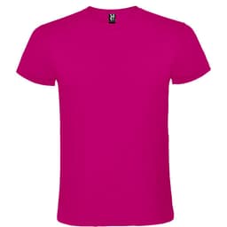 A bright pink T-shirt with a simple design and a logo at the neckline.