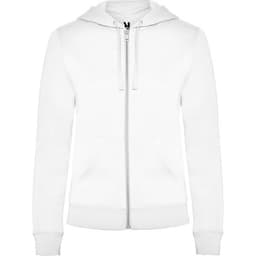 A white hooded sweatshirt with a zippered front and front pockets, featuring a logo.