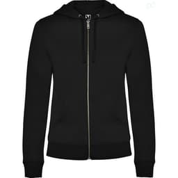 A black hooded sweatshirt with a front zipper and pockets, featuring a logo on the chest.