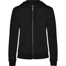 A black hooded sweatshirt with a front zipper and two pockets. It features a logo on the chest area.