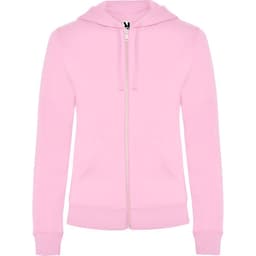 A pink hooded sweatshirt with a zipper, featuring a hood and front pockets, along with a logo.