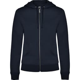A navy hooded sweatshirt featuring a full front zip, two pockets, and a drawstring hood. It has a logo on the chest.