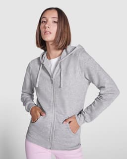 A grey hooded sweatshirt with a front zip and pockets, featuring a logo on the front.