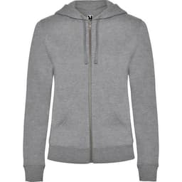 A grey hooded sweatshirt with a zip front and a logo on the label.