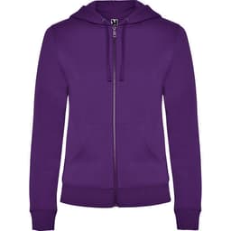 A purple hooded sweatshirt featuring a front zip and pockets, with a logo on the front.