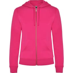 A pink hooded sweatshirt with a front zipper and kangaroo pockets. It features a logo on the front.