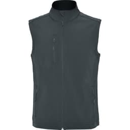 A dark grey softshell vest featuring a high collar and multiple zippered pockets, with a logo on the chest.