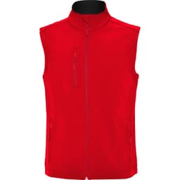 A red softshell vest with a zip front and two side pockets, featuring a logo on the upper left side.