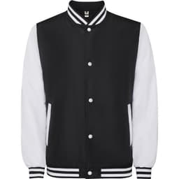 A black and white jacket with a sporty design, featuring a collar and buttoned front. It has branding on the inside.