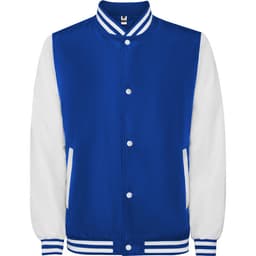 A blue and white California Jacket featuring a button-up front and striped collar and cuffs, with logo branding.
