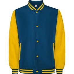 A blue and yellow California Jacket with a buttoned front, ribbed collar, and two side pockets. It has a logo.