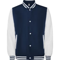 A jacket featuring a navy body with white sleeves and striped detailing on the collar and cuffs; includes a logo.