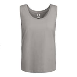 A grey tank top with a classic neckline and a branding logo on the label.