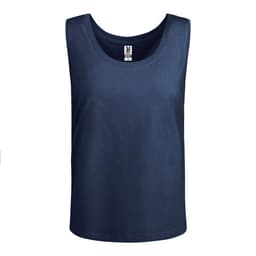 A navy blue tank top with a rounded neckline and a label tag, featuring a simple design.