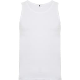 A white tank top with a simple design, featuring a branding logo on the label.