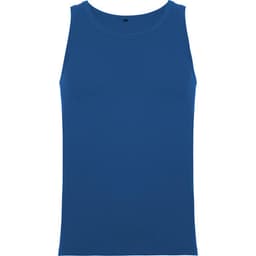 A blue tank top with no graphic design, featuring a sleeveless style and a simple round neckline.