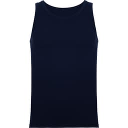 A navy blue singlet tank top with a round neckline and a minimalist design. It features a logo on the back.