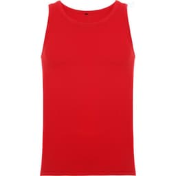 A red tank top with a classic singlet design and a logo on the label.