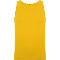 A yellow singlet tank top with a classic crew neck design and a plain fabric surface. It has a logo on the label.