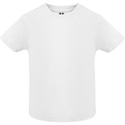 A white youth t-shirt with a round neck and short sleeves. It features a small logo at the neck.