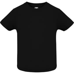 A black youth t-shirt with a round neck and short sleeves, featuring a logo on the label.