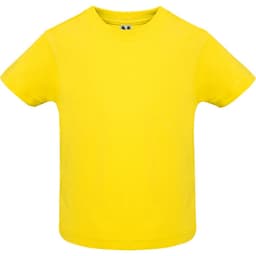 A yellow youth t-shirt with a classic crew neckline and short sleeves. It features a logo on the back.