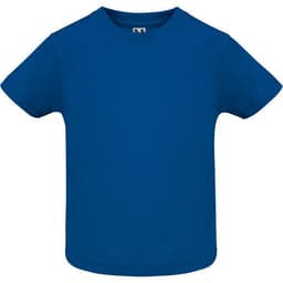 A blue youth t-shirt with a round neck and short sleeves. The shirt has a tag and no visible designs.