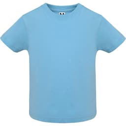 A light blue youth t-shirt with a round neckline and short sleeves, featuring a logo tag.