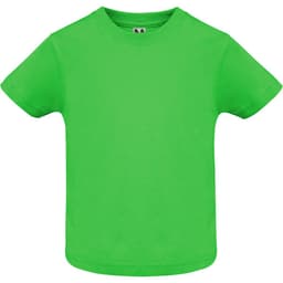 A bright green youth T-shirt, featuring a round neck and short sleeves. It has a branding logo on the tag.
