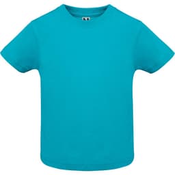 A turquoise baby t-shirt featuring a crew neckline and short sleeves; includes a logo.