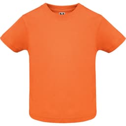 An orange youth t-shirt with a classic crew neck design and short sleeves. It features a logo.