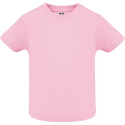 A pink youth t-shirt with a round neckline and short sleeves, featuring a branding logo.