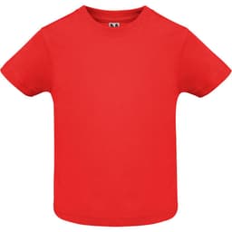 A red youth t-shirt with short sleeves and a round neckline, featuring a logo on the inner tag.