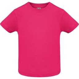 A bright pink baby T-shirt with a crew neckline and short sleeves. It features a small logo on the left side.