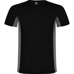 A black T-shirt with grey side panels, featuring a logo on the neckline. Suitable for casual wear.