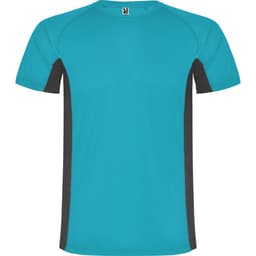 A turquoise T-shirt featuring black side panels and a logo on the neckline.