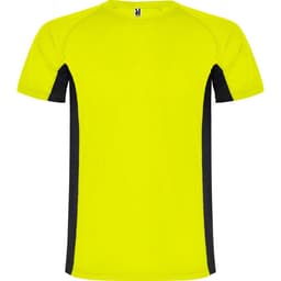 A vibrant yellow T-shirt with black side panels and a logo on the neckline. Suitable for casual wear.