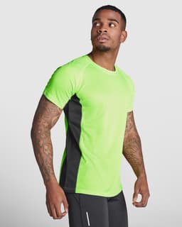 A bright green T-shirt with black side panels displayed on a model, featuring a logo on the front.
