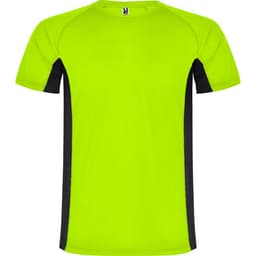 A bright lime green T-shirt with black side panels and a logo on the neckline.