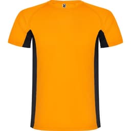 An orange T-shirt featuring black side panels and a logo on the neckline.