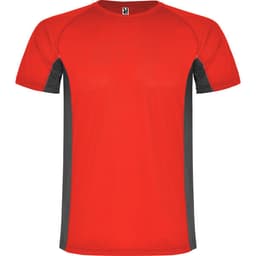 A red T-shirt with grey side panels and a logo. It features a round neck and short sleeves.