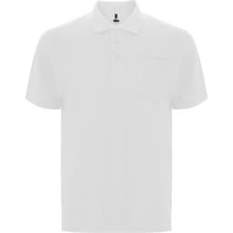 A white polo shirt with a pocket and a logo on the collar. Short sleeves and a classic fit.