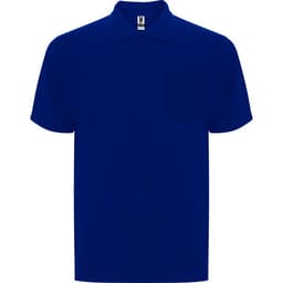 A navy blue polo shirt with a classic collar and a chest pocket, featuring a logo.