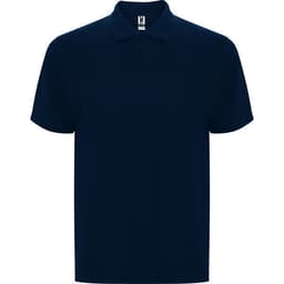 A navy blue polo shirt featuring a collar, short sleeves, and a chest pocket. It has a logo on the label.