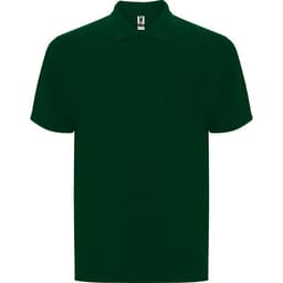 A dark green polo shirt with a collar and a pocket on the left chest. It has a logo on the label.