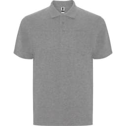 A grey polo shirt with a collar and a single chest pocket. It features a logo on the neck label.