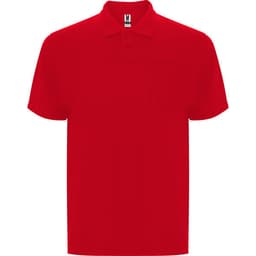 A red polo shirt featuring a collar, short sleeves, and a pocket on the front. The shirt has a logo.