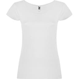 A white T-shirt with a scoop neckline and short sleeves, featuring a logo on the label.