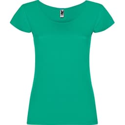 A green T-shirt featuring a scoop neckline and short sleeves, with a brand label inside.