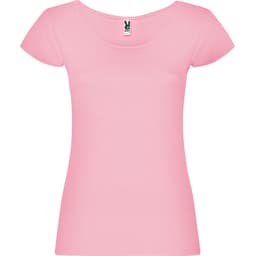 A pink T-shirt with short sleeves and a scoop neckline. It features a logo on the label inside.